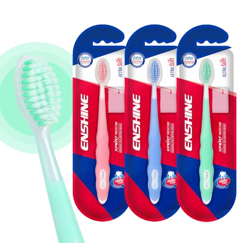 Image of Enshine Expert Protection Toothbrush for Adults - Pack of 3 | Double-Tapered Ultra Soft PBT Bristles | Premium Tooth Brush Set for Sensitive Gums | Deep Gum-Line Plaque Removal | Manual Toothbrush with Non-Slip Grip Multicolor