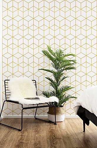 Safiyya 590"x17.3" Wallpaper Gold and White Peel and Stick Wallpaper Geometric Contact Paper Removable Wall Paper for Bathroom Vinyl Rolls