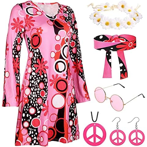 70s Fancy Dress Women Disco 60s Fancy Dress Costume with 70s Accessories for Women Hippie Costume Hippy Fancy Dress for Women 70s Outfits 70 Style Ladies Fancy Dress Adult Halloween Costumes(XXL) Cover