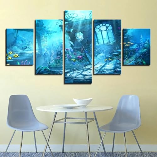 Tableau monde sous-marin en 5 parties pour sublimer la décoration murale de votre salon