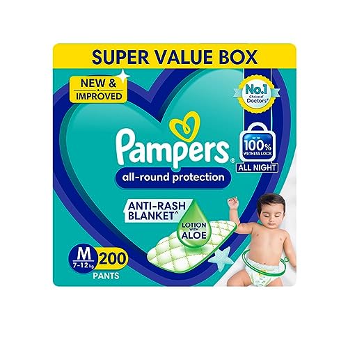 Pampers Complete Skin Comfort Pants| Pant style Diaper Medium, 200 count| Anti-Rash blanket lotion with Vit E and Aloe Vera | All night protection with leak proof technology( 50 Count, Pack of 4)