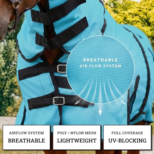 Image of Horse Fly Sheet with Attached Neck Cover & Tail Flap | UV Protection Mesh Horse Blanket, Full Body Bug & Sun Shield, Buckles, Belly Wrap & Gussets for Spring Summer Riding Rug (Turquoise, 82 inch)