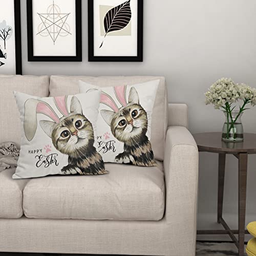 Kawani Happy Easter Pillow Covers 18X18 In Cat Bunny Ears Couch Pillow Cases Set Of 2 Spring Beige Throw Pillows Home Decor For Living Room Bedroom Bed Cushion Outdoor #TOP5