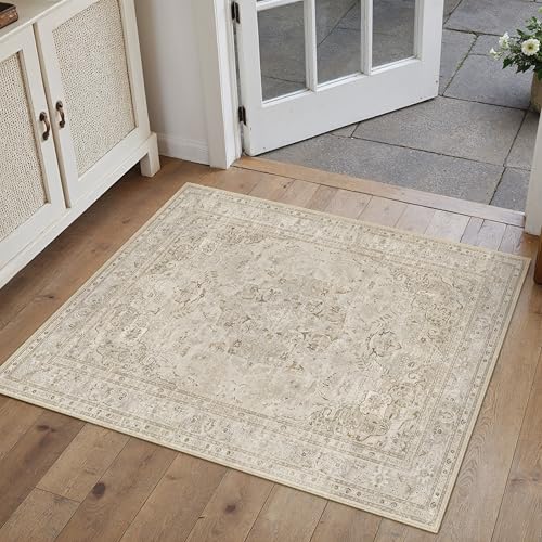 Brown 2x3 Area Rug Washable Vintage Small Carpet for Entryway Kitchen Soft Retro Floral Low Pile Thin Door Mat Non Slip Central Medallion Throw Rug for Bathroom Office Bedroom Dining Room 2'
