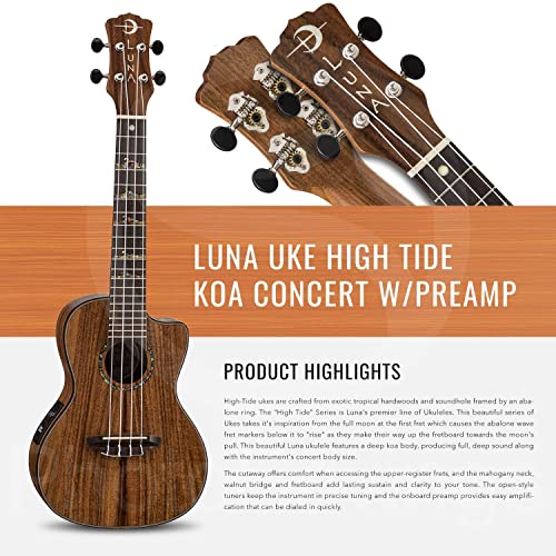 Luna Ukulele Concert Koa High Tide com pré-amplificador e afinador de encaixe