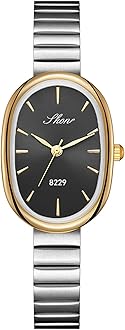 Elegant Oval Gold Watches for Women Easy Reader Watch Fashion Women Stainless Steel Exquisite Wristwatch (Silver/Black)