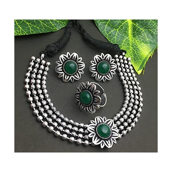 Sasitrends Oxidized German Silver Choker Necklace Set With Ring for Women and Girls - Image 4