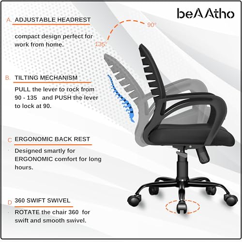 Image of beAAtho Verona Mesh Mid-Back Ergonomic Desk Office Chair with Tilting Mechanism, Comfortable Seat, and Revolving Heavy Duty Metal Base | Ideal for Work from Home & Study (Grey)