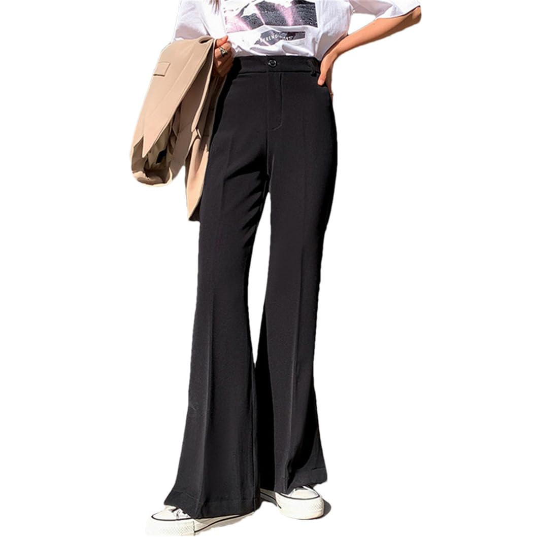 Summer High Waist Floor-Length Trousers Women Casual Loose Pockets Flare Suit Pants