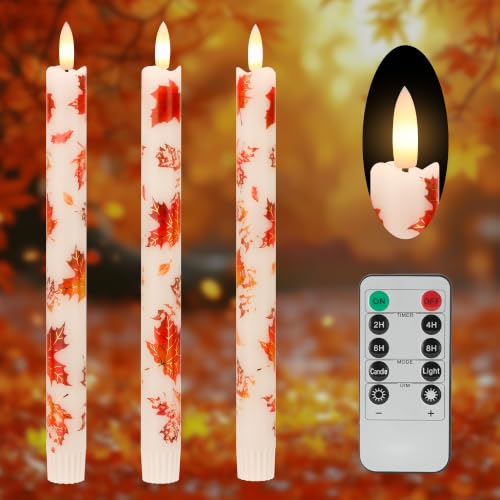 Image of JOIONE Maple Leaf Flameless Taper Candles with Remote, 3 Pack Fall Decor | Battery Operated LED, Maple Leaf Design, Real Wax, Remote Control, Warm Flickering Glow, Safe Fall Home & Party Decor