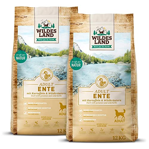 Wildes Land - Nr. 2 Ente - 24 kg - mit Kartoffeln und Wildkräutern - Glutenfrei - Trockenfutter für Hunde - Hundefutter mit hohem Fleischanteil Hohe Verträglichkeit