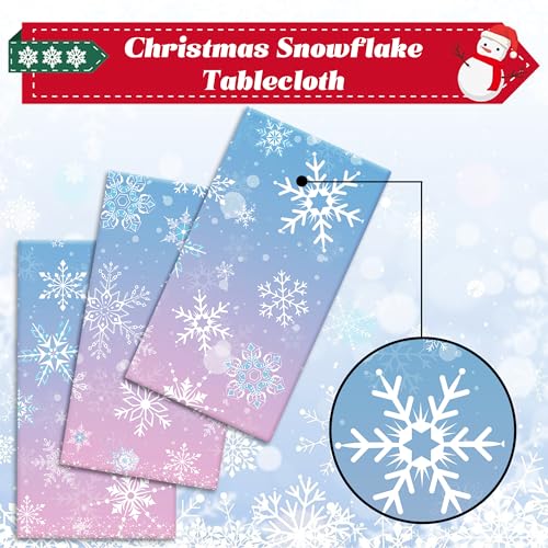 Image of Labeol 3 Pack Christmas Tablecloth, 108 x 54 inch Blue and Purple Snowflake Tablecloth, Disposable Plastic Waterproof Rectangle Table Cover for Christmas Decorations Party Supplies