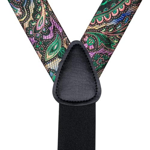 Image of Hi-Tie Men's Suspenders and Tie Set Silk Adjustable Elastic Y Braces with Strong 6 Clips Pocket Square Set