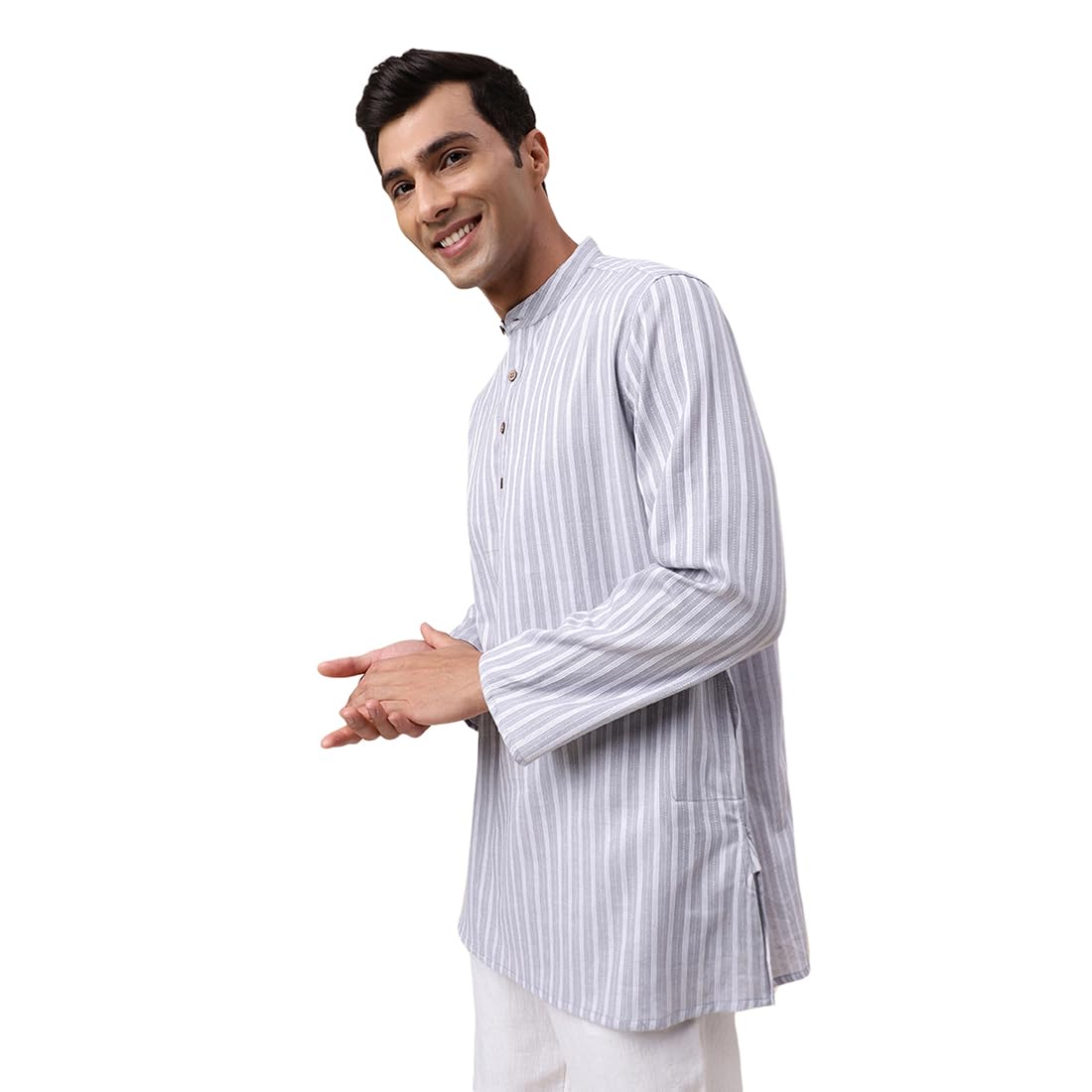 Fabindia Men's Cotton Striped Regular Fit Kurta (1032026Grey_Grey