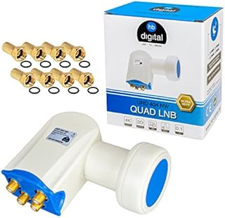 HB-DIGITAL Quad LNB LNC 4 uczestników Satellite Direct Full HD TV 3D 4K DVB-S DVB-S2 SAT Head White + styki pozłacane + ochrona przed warunkami atmosferycznymi (możliwość przedłużenia) + 8x F-Plug pozłacane