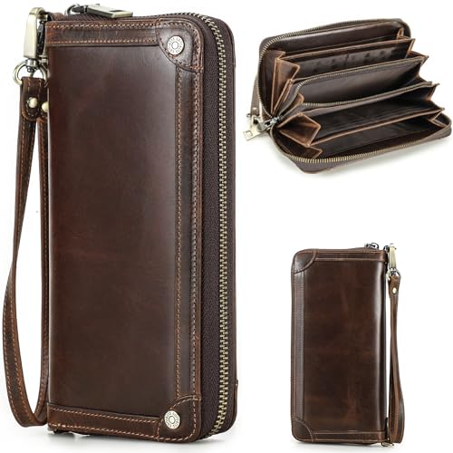 Image of Top Grain Genuine Oiled Leather Clutch Wallet for Man & Woman, Handmade Vintage Design, Multi Pockets & Slots & Detachable Wristlets, RFID Large Capacity for Cards /Checks /Money /Passport, Red Coffee
