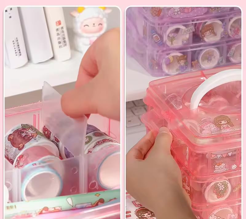 Image of Washi Tape Set - 100 Pcs Designer Decorative Masking Tapes with 20 Pcs Kawaii Stickers, Tweezer, Pen and Spatula in 3 Layer Box, Tapes for DIY Art & Crafts, Wrapping (Multicolor)