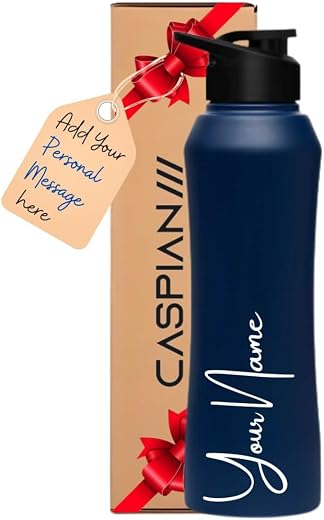CASPIAN /// Trek Customised Stainless Steel Water Bottle 1L, Blue with Logo Print - Personalised Water Bottle with Your Na...