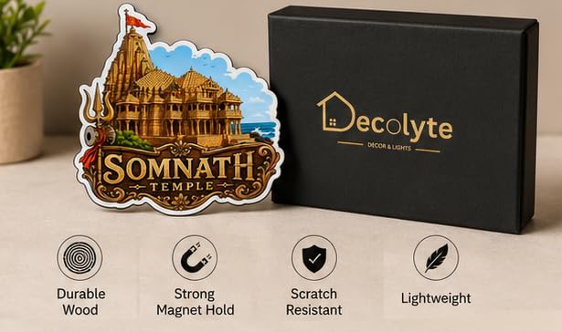 Image of Somnath Temple Theme Wooden Fridge Magnet Souvenir | 3x3 in Kitchen Home Decor Gift