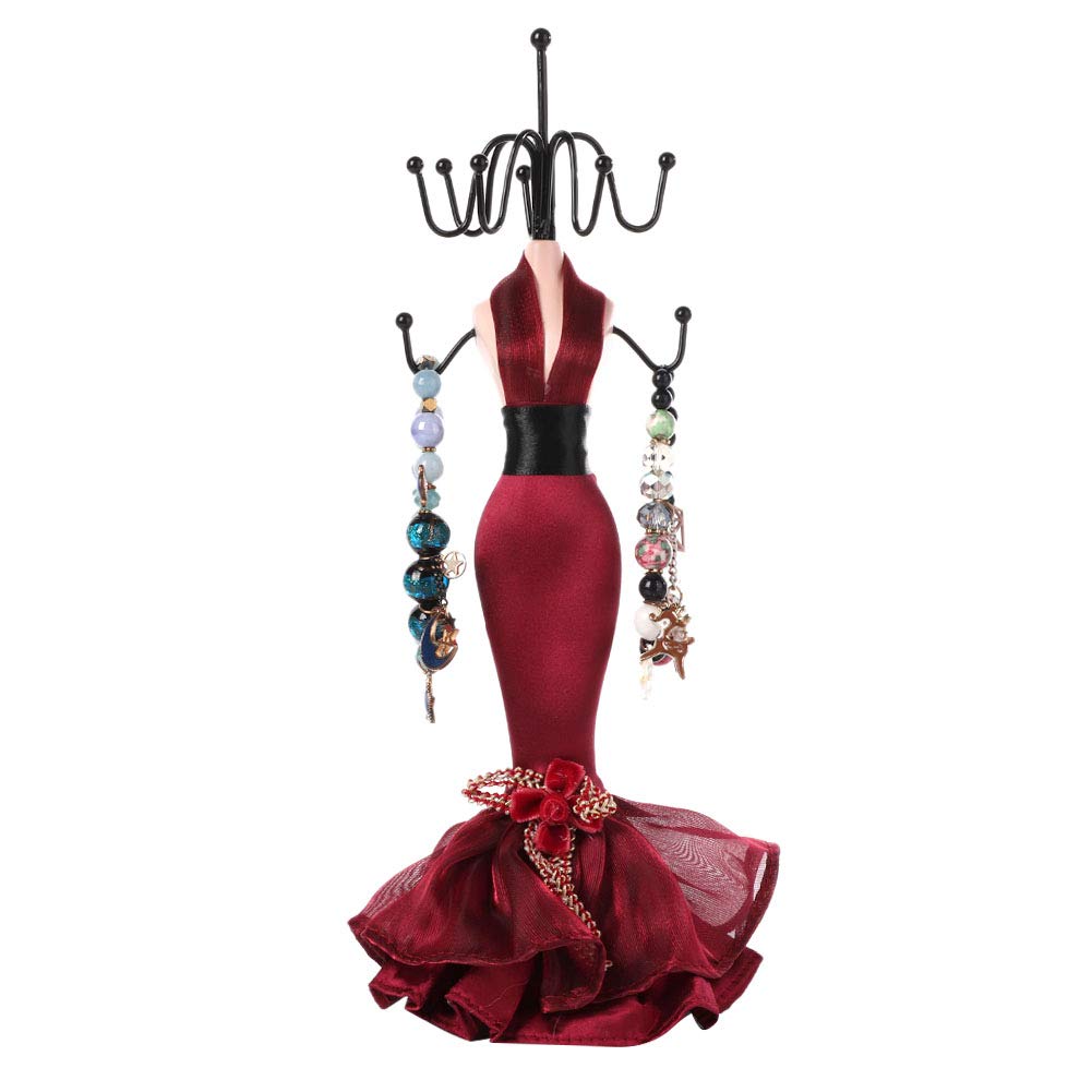 PRTECY Jewelry Holder Display Stand Red Model Dress High Heeled Shoes Resin Necklace Earring Bracelet Organizer for Home Wedding Crafts(wine red model)
