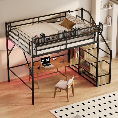 Image of Queen Size Metal Loft Bed with Reversible Stairs and LED & USB Port