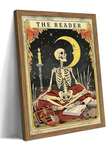 Image of Framed The Reader Tarot Canvas Wall Art, Skeleton Reader Tarot Card Pictures Wall Decor, Bookish Witchy Library Poster Print Artwork for Witchy Reading Nook Book Lover Gift 16x24 inch