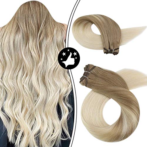 Moresoo Human Hair Weft Extensions Sew in Weave Hair Bundles Natural Weft Hair Balayage Color #6 Brown to #60 Blonde Double Weft Bundles 20 Inch Bundles Straight Hair 100g