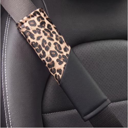 Image of AUTOFAN Leopard Print Car Seat Covers Full Set, PU Leather Interior Accessories Combo with 2 Front Seat Covers, 4 Floor Mats, Steering Wheel Cover, Seat Belt Pads & Cup Holder Coasters