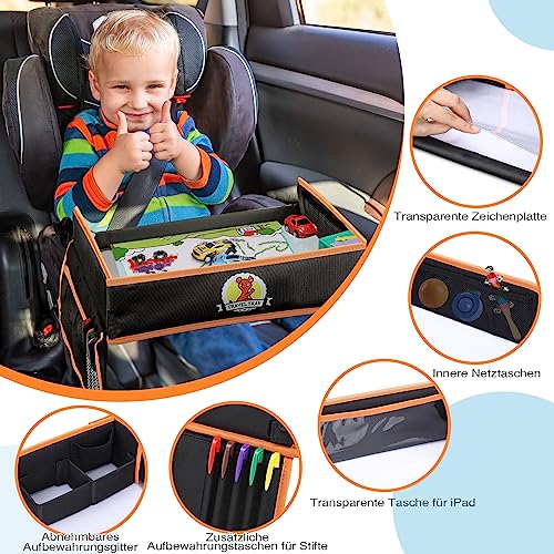lenbest Doppelfunktion Kinder Reisetisch, Knietablett Reisetisch(Auto Rückenlehnenschutz) mit Transparenter Zeichnungsfilm, 5 Zeichnungsplatten und 6 Farbpens - Schwarzes/Orange