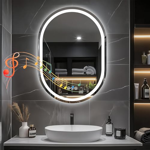 Bathroom Mirror with LED Lights, 500 x 700 mm Bluetooth Oval LED bathroom mirrors with Anti-Fog, 3500K-6500K, Dimmable, Backlit Wall Mounted Mirror, IP54 Waterproof