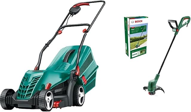 Bosch Rotak 34R Electric Lawnmower (1300 W, Cutting width: 34 cm, In carton packaging) & Bosch Electric Grass Trimmer EasyGrassCut 23 (280 Watt, cutting diameter 23 cm, in carton packaging)