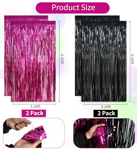 Image of BEISHIDA 4 Pcs Hot Pink Black Door Streamers Curtain Party Streamers Backdrop Pink Party Hot Pink Wall Background for Party Decoration Photo Booth Props(3.28 ft x 6.56 ft)