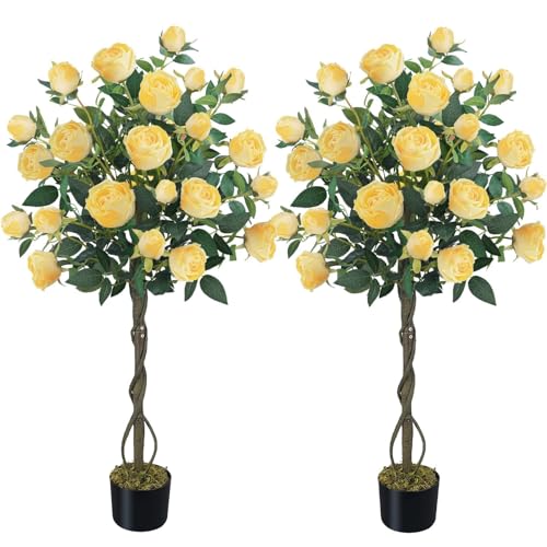 HUAESIN 4FT Artificial Outdoor Trees Rose Tree Yellow Floral Tree