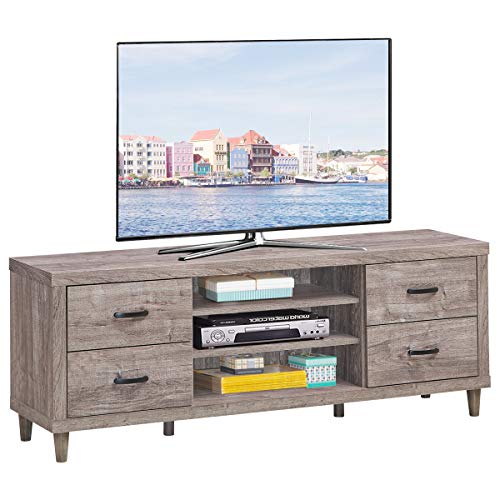 , Retro Wood Universal Stand For Tv's Up To 65" Flat Screen, 4 Drawers & 3 Open Shelves With 7 Adjustable Heights, 6 Legs Sturdy Structure, Rustic Tv Console Table, Grey