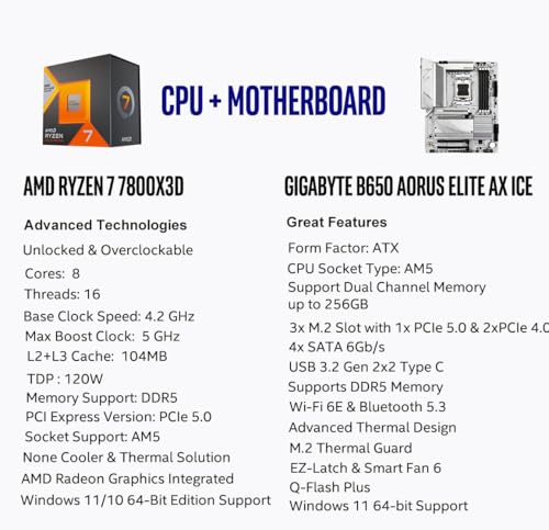 Image of Micro Center AMD Ryzen 7 7800X3D CPU Processor with GIGABYTE B650 AORUS Elite AX ICE Motherboard (AM5, ATX, DDR5, Triple M.2, USB 3.2 Gen2X2 Type-C, WiFi 6E)