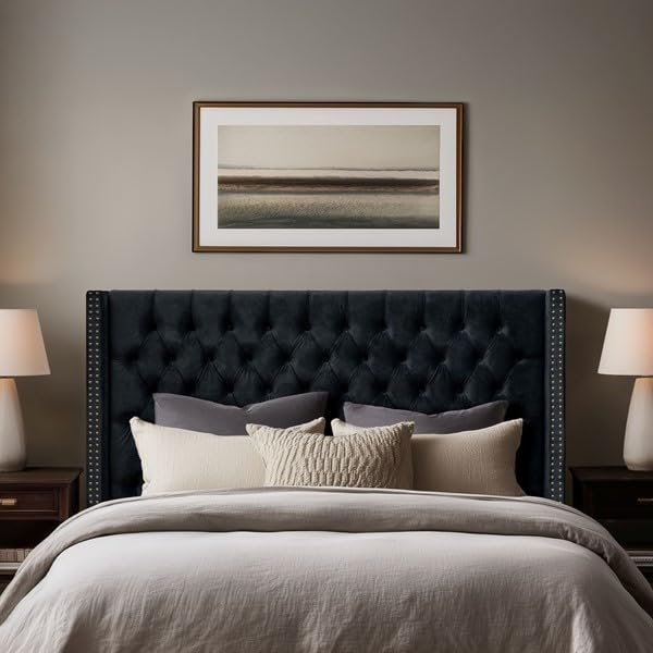 Madison Park Amelia Headboard Queen Wingback Upholstered - Hand-Tufted Button Detail, Double Nailhead Trim, Foam-Padded Durable Fabric, Adjustable Fit for Classic/Transitional Bedrooms-Black Velvet by Madison Park - Used condition - US$260.13