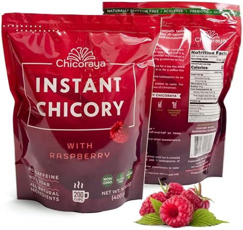 CHICORAYA Instant Chicory Coffee - Best for Decaf and Diet - Keto & Vegan Beverage Blend - Coffeine-Free Cofee Substitute Alternative - Roasted Root Powder, No Sugar (Raspberry, 14.1 oz)