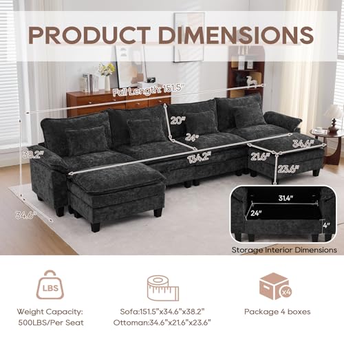 Image of IPKIG 151 inch Modular Cloud Couch with Storage, U Shaped Sectional Sofa | 4 Seater Black Chenille Deep Seat Sectional Couches with Ottoman and Pillow for Living Room, Apartment