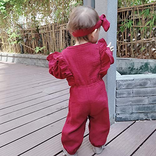 YALLET Newborn Baby Girl Clothes Solid Long Sleeve Baby Onesies Cotton Linen Romper Jumpsuits Fall Infant Girl Clothes with Headband Red