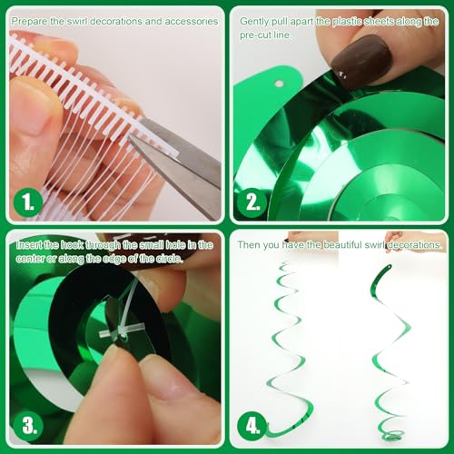 Image of 30 PCS Party Swirl Decorations Green Shinny Foil Hanging Swirl Decorations with Double-Swirls and Single-Swirls Plastic Streamer for Ceiling Plastic Metallic Streamer for Party Decorations