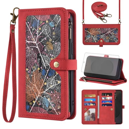 Étui Samsung S25 FE 5G Asuwish en cuir rouge avec protège-écran et porte-cartes