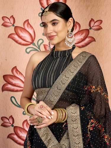 Image of Satrani Women's Georgette Embroidery & Stone Work Saree with Unstitched Blouse Piece