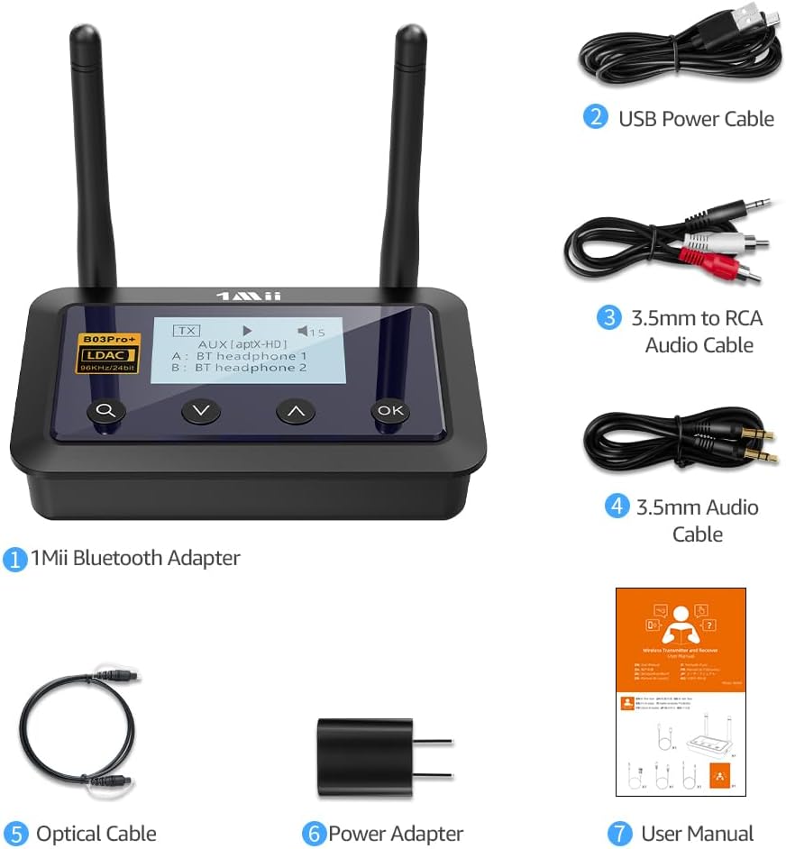 1Mii B03Pro+ Bluetooth 5.3 Transmitter Receiver Certified LDAC for TV Home Stereo, Long Range Bluetooth Extender Wireless Audio Adapter with Screen, Optical RCA AUX 3.5mm Outputs/Inputs