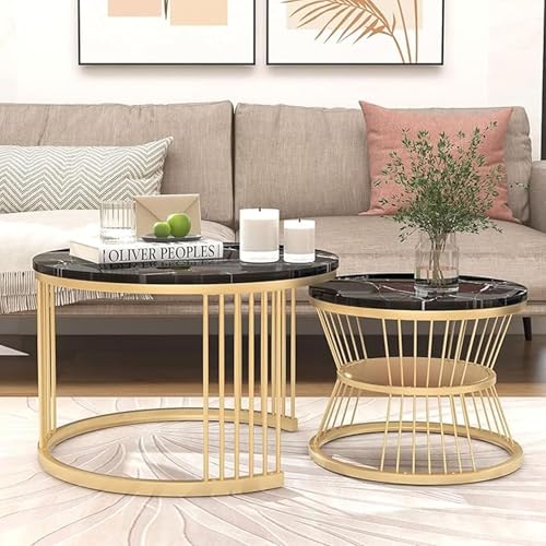 Image of The Round Coffee Table and The Stacking Tea Table with a Gold Metal Frame are Two Versatile Modern Center Tables that Look Great in Living Rooms (Black Gold)