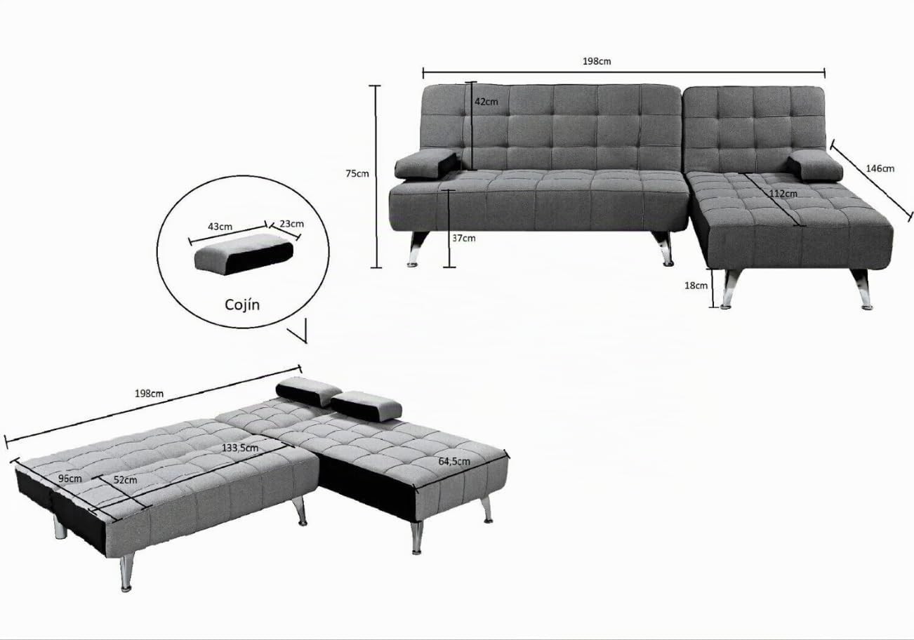 Sofá Cama AROA-XS - Multifuncional, Chaise Longue Reversible XS, 198x146cm - Compacto y Cómodo con Diseño Multifuncional (Gris Terciopelo)