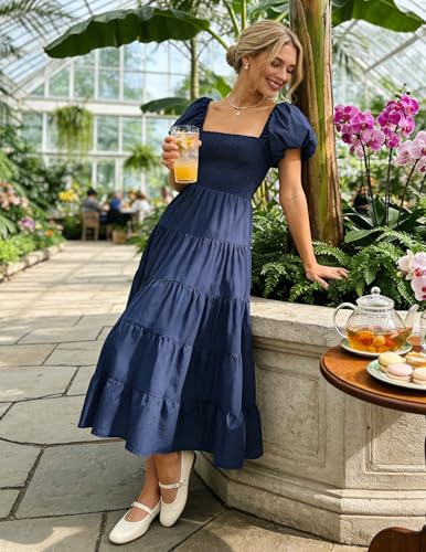 Image of ZESICA Women's 2026 Summer Puff Sleeve Midi Dress 2026 Boho Solid High Waist Flowy Beach Wedding Guest Long Dresses