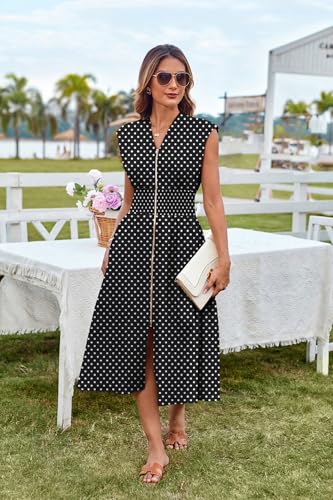 Image of GRACE KARIN Womens Summer Casual Dress, Business Office Work Dresses, Cap Sleeve Zipper Front Flowy Midi Dress with Pockets