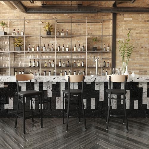 Image of Flash Furniture Wright Commercial Barstool - Natural Birch Finish Wood Boomerang Back - Black Vinyl Seat - 500 LB. Capacity Black Steel Frame - Integrated Footrest
