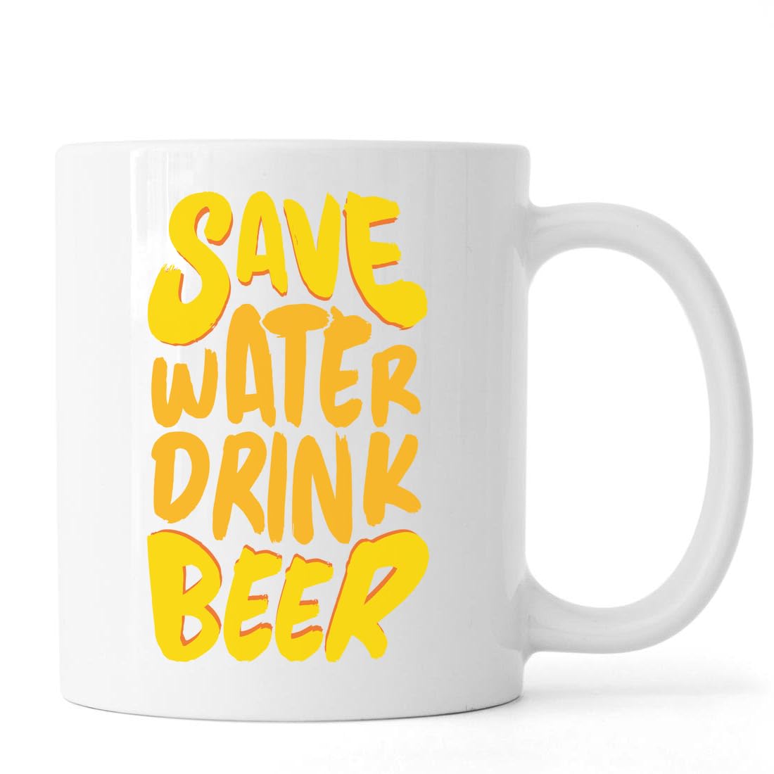 Keramiktasse mit Aufschrift "Save Water Drink Beer Graffiti", Weiß