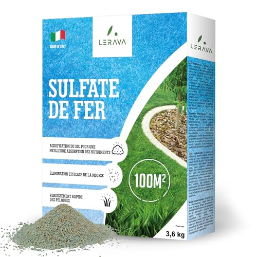 LERAVA Sulfate de Fer (100 m²) - Anti Mousse Gazon & Engrais Fer - Riche en Fer, Kalium, Magnésium - Sécurisé pour Animaux - Entretien Facile Toute l’Année - Idéal pour Pelouse & Jardin - 750g
